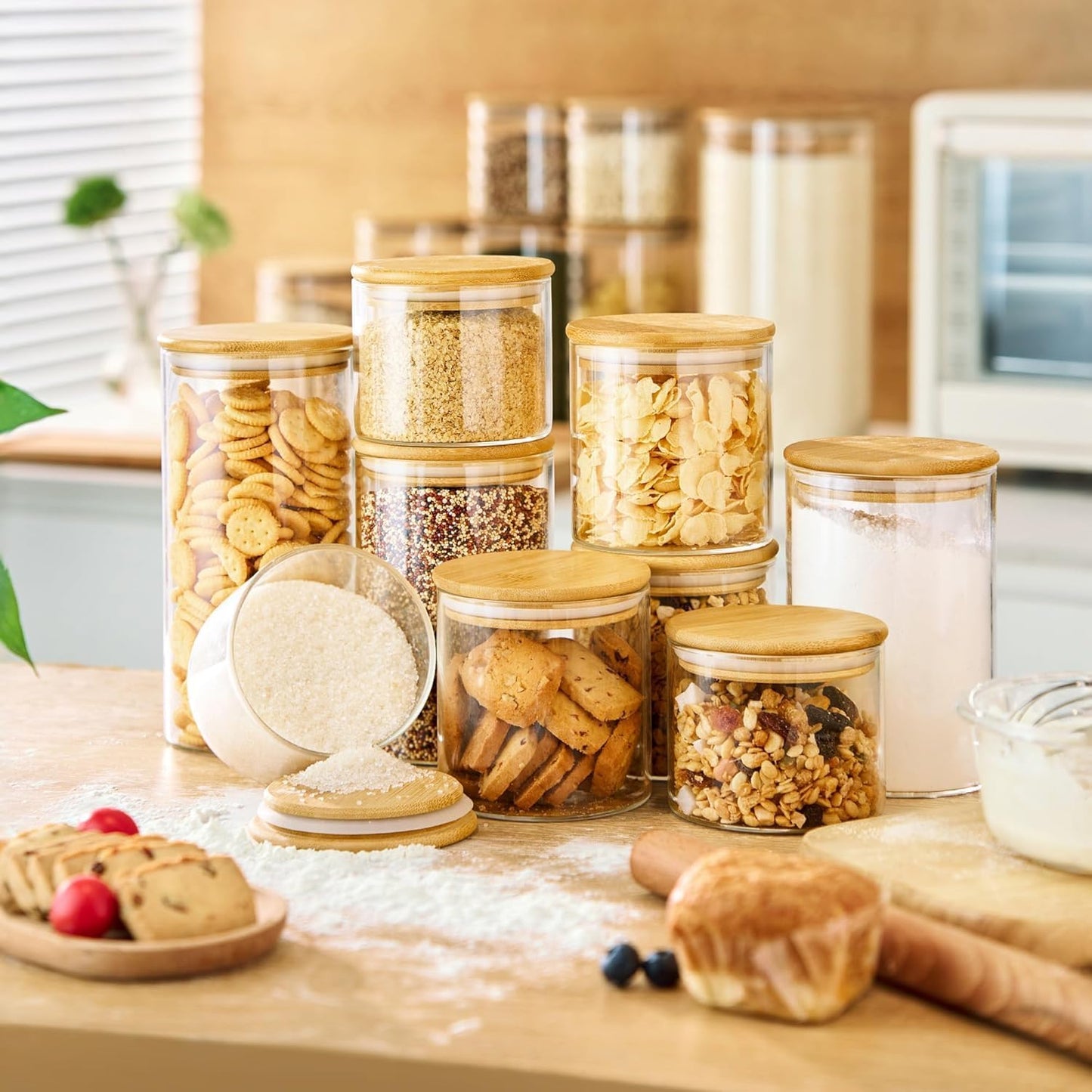 Glass Airtight Kitchen Canisters with Bamboo Lids – Set of 3, 1000 ml
